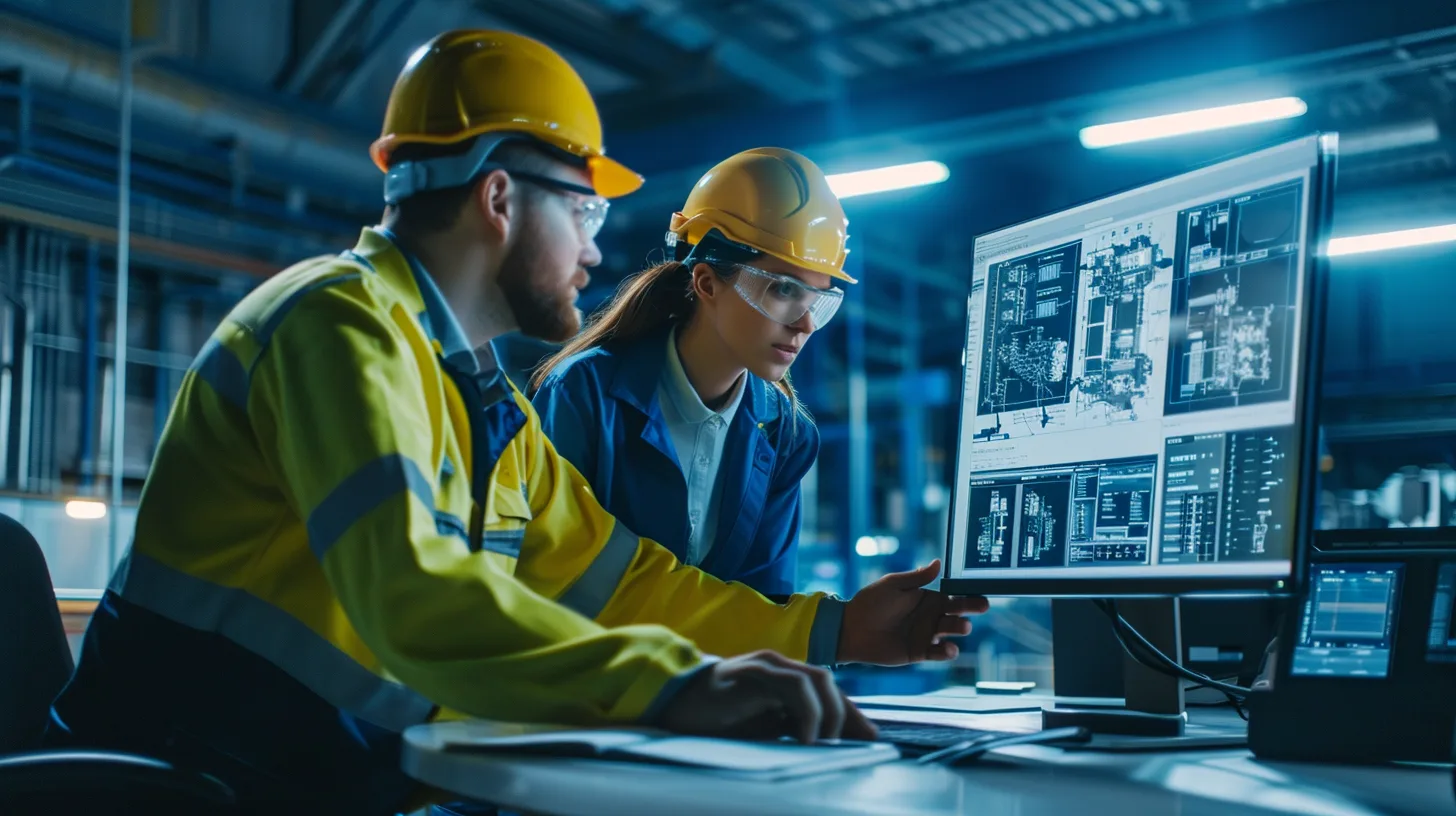 Two engineers at a factory workstation