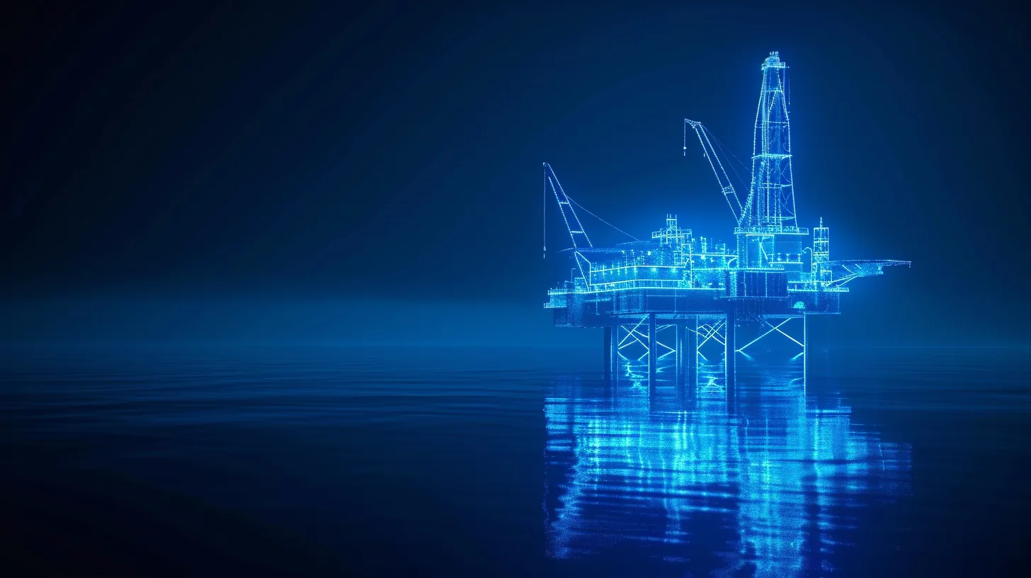 Glowing outline of an offshore oil rig, wide
