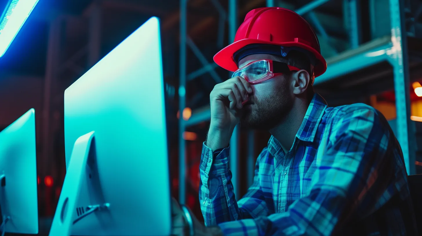 Worker at a computer, frustrated
