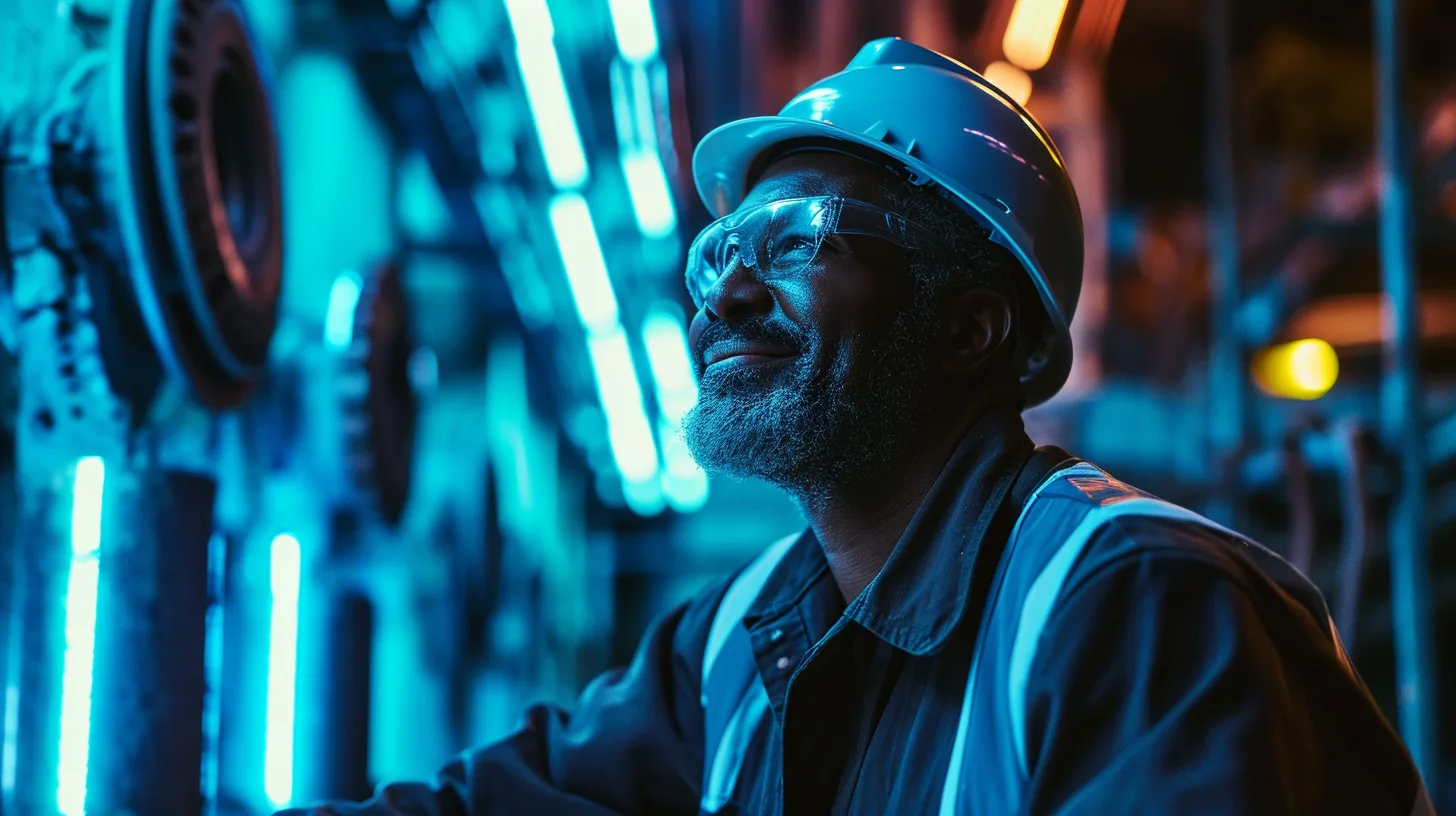 Worker in hard hat, wide portrait