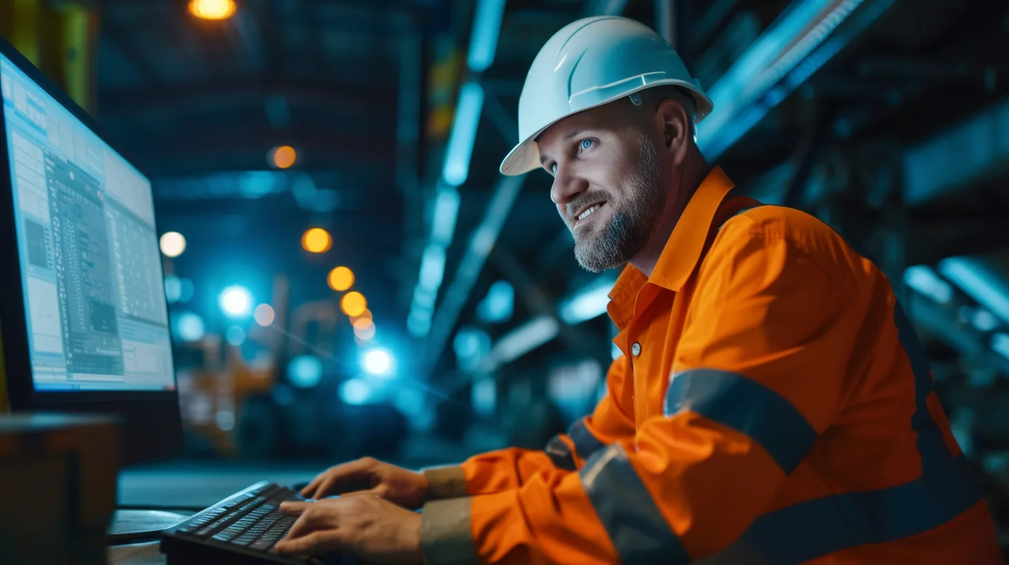 Worker at a computer, satisfied